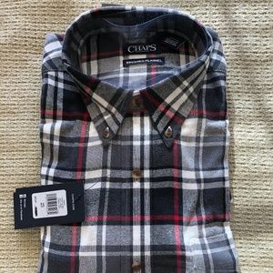 NWT XLT B&T Chaps Brushed Flannel 100% Cotton Gray Red Plaid Button Down Shirt